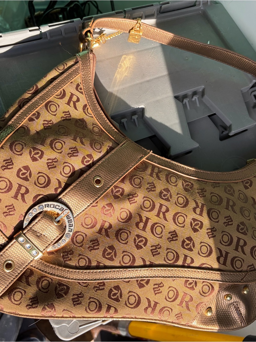 Rocawear Bronze Monogram Hobo Bag with Gold Hardware